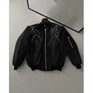 Unisex Siyah Bomber Mont – Beyaz Şimşek Desenli, Fermuarlı Cepli, Kapitone Astarlı Sokak Stili Günlük Ceket - Siyah