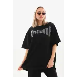 Unisex Taş Desenli Oversize T-Shirt - Beyaz