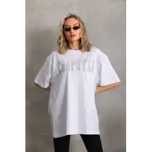 Unisex Taş Desenli Oversize T-Shirt - Beyaz