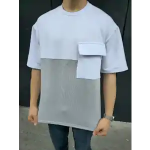 Unisex Torba Cep Detaylı Parçalı T-Shirt - Gri