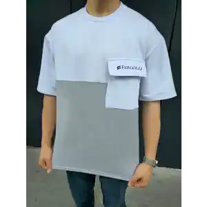 Unisex Torba Cep Detaylı  Parçalı T-Shirt - Gri