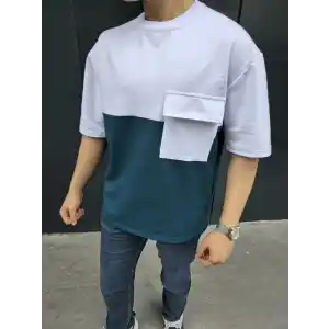 Unisex Torba Cep Detaylı Parçalı T-Shirt - Lacivert