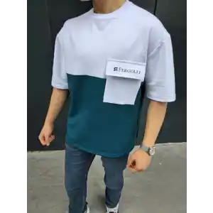 Unisex Torba Cep Detaylı  Parçalı T-Shirt - Lacivert