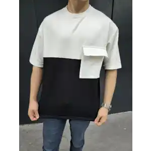 Unisex Torba Cep Detaylı Parçalı T-Shirt - Siyah