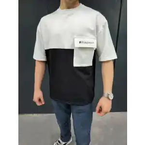 Unisex Torba Cep Detaylı  Parçalı T-Shirt - Siyah