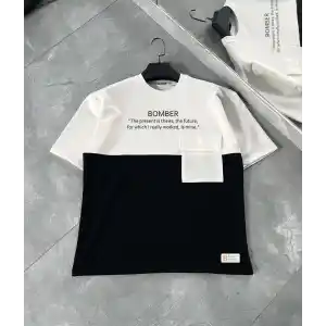 Unisex Torba Cep Detaylı  Parçalı T-Shirt - Siyah