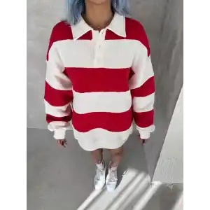 Unisex Üç İplik Parçalı Yakalı SweatShirt - Kırmızı