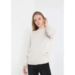 Unisex Uzun Kol Biskilet Yaka Dokuma Triko - Bej