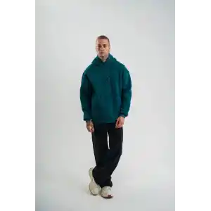 Unisex Uzun Kol Kapşonlu Yıkamalı Nakışlı SweatShirt - Koyu Deniz Yeşili