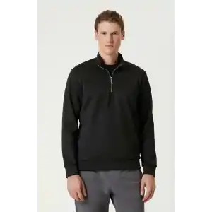 Unisex Uzun Kol Yarım Farmuarlı Yakalı Basic SweatShirt - Siyah