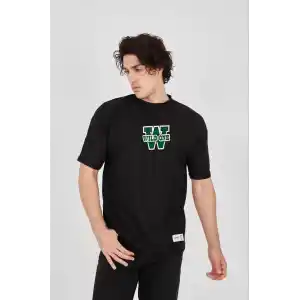 Unisex Waffle Kumaş Çift Katlamalı Kol Baskılı T-Shirt - Siyah