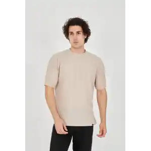 Unisex Waffle Kumaş Rahat Kol T-Shirt - Bej