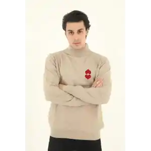 Unisex Yarım Boğazlı Baskılı Dokuma Triko - Bej