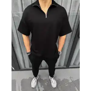 Unisex Yarım Fermuarlı Basic T-Shirt - Siyah