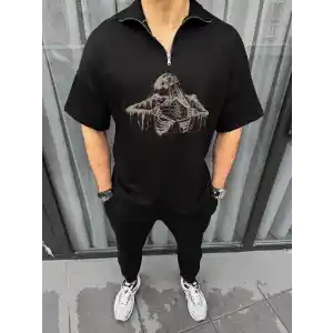 Unisex Yarım Fermuarlı Baskılı Oversize T-Shirt - Siyah