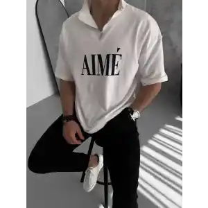 Unisex Yarım Fermuarlı Baskılı T-Shirt - Beyaz