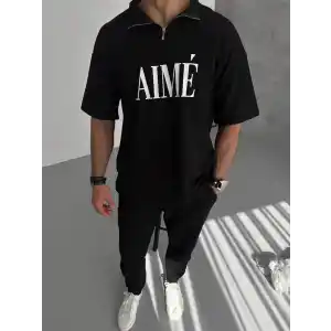 Unisex Yarım Fermuarlı Baskılı T-Shirt - Siyah