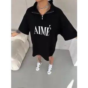 Unisex Yarım Fermuarlı Baskılı T-Shirt - Siyah