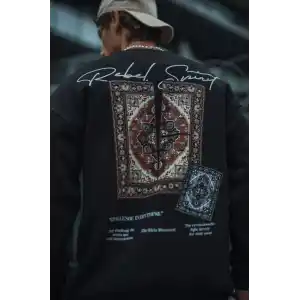 Uzun Kol Bisiklet Yaka Baskılı SweatShirt - Siyah