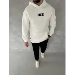 Uzun Kol Kapüşonlu Göğüs Baskılı SweatShirt - Beyaz