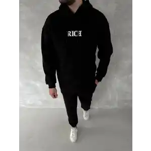 Uzun Kol Kapüşonlu Göğüs Baskılı SweatShirt - Siyah