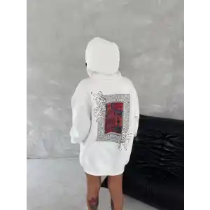 Uzun Kol Kapüşonlu Ön Ve Arka Baskılı SweatShirt - Beyaz