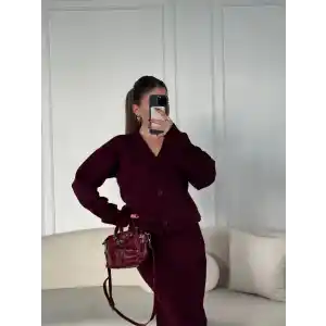 V Yaka 3 Düğmeli Hırka Takım Triko İkili Etekli - Bordo