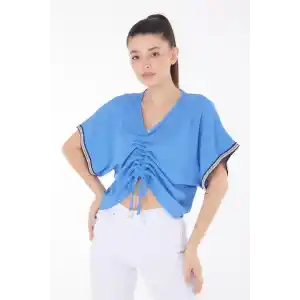 V yaka büzgülü detaylı bluz