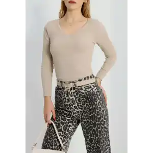 V yaka kaşkorse bluz bej a3699