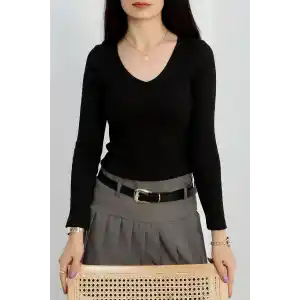 V yaka kaşkorse bluz siyah a3699