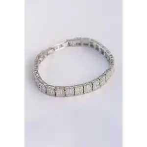 Vip Seri Pirinç Zirkon Taşlı Gümüş Renk Kare Su Yolu Model Bileklik