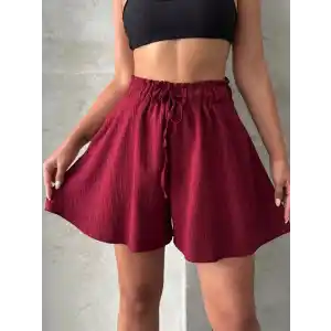 Volanlı keten şort bordo s255058