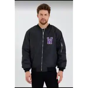 Wild One Baskılı Erkek Bomber Mont – Panter Desenli, Fermuarlı, Kapitone Astarlı Ceket - Siyah