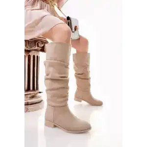 Winda Bej Süet Körüklü Çizme