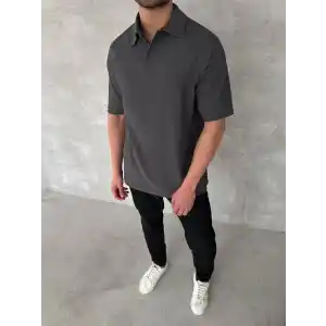 Yakalı Patlı Kısa Kol T-shirt - Antrasit