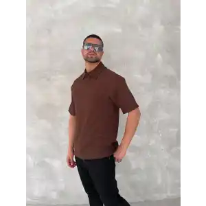 Yakalı Patlı Kısa Kol T-shirt - Kahverengi