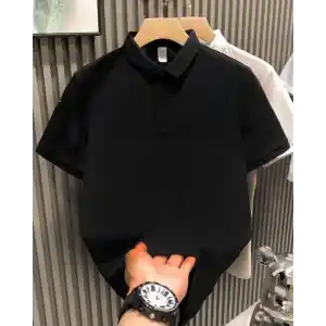 Yakası Düğmeli Yakalı Pike Düz T-Shirt - Siyah