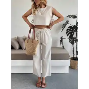 Yan bağlama detaylı pantolonlu takım bej