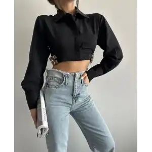 Yanı kemer detaylı crop gömlek siyah s4009