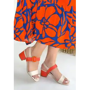 Year Bej Cilt Turuncu Detaylı Turuncu Topuklu Topuklu Ayakkabı