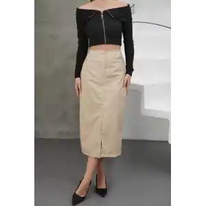 Yırtmaçlı uzun deri etek bej