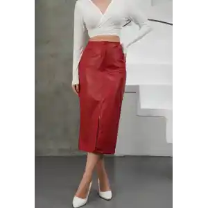 Yırtmaçlı uzun deri etek bordo