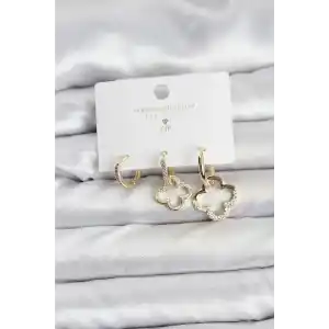 Yonca Model Gold Renk Pirinç 3lü Kadın Küpe Seti