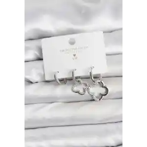 Yonca Model Gümüş Renk Pirinç 3lü Kadın Küpe Seti