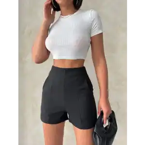 Yüksek bel parçalı double kumaş şort s25312