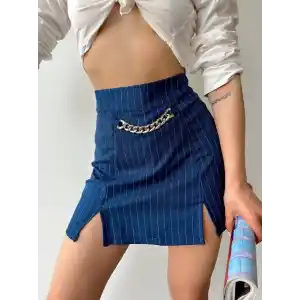 Zincir detaylı çizgili şort etek