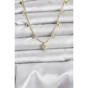 Zirkon Taşlı Kutup Yıldızı Model Pirinç Gold Renk Kadın Kolye