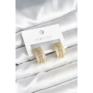 Zirkon Taşlı Şerit Model Gold Renk Pirinç Kadın Küpe