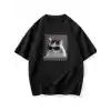 Neden Bana Bakıyorsun? Komik Kedi Grafik Tişört - Dijital Baskılı Siyah Bol Kesim Streetwear Tişört, Erkekler için Dört Mevsim Günlük Gömlek - Siyah