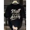 20/1 Penye Compack Start All Over Baskılı Oversize Bisiklet Yaka Kısa Kol T-shirt - Siyah